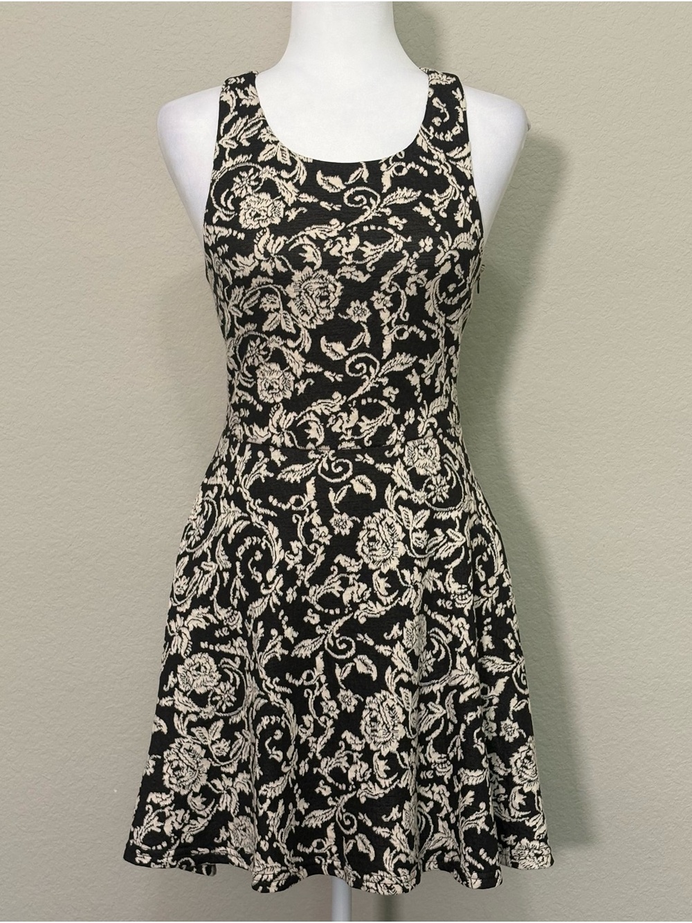 Fora Black and Cream Floral Jacquard Whimsigoth Racerback Skater Dress Size S